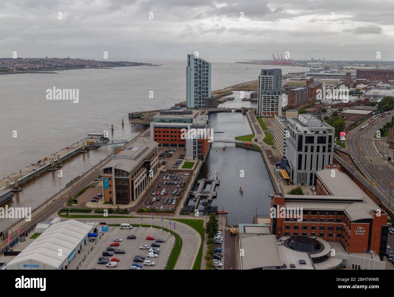 The northern docks in Liverpool seen from the Royal Liver Building Stock Photo
