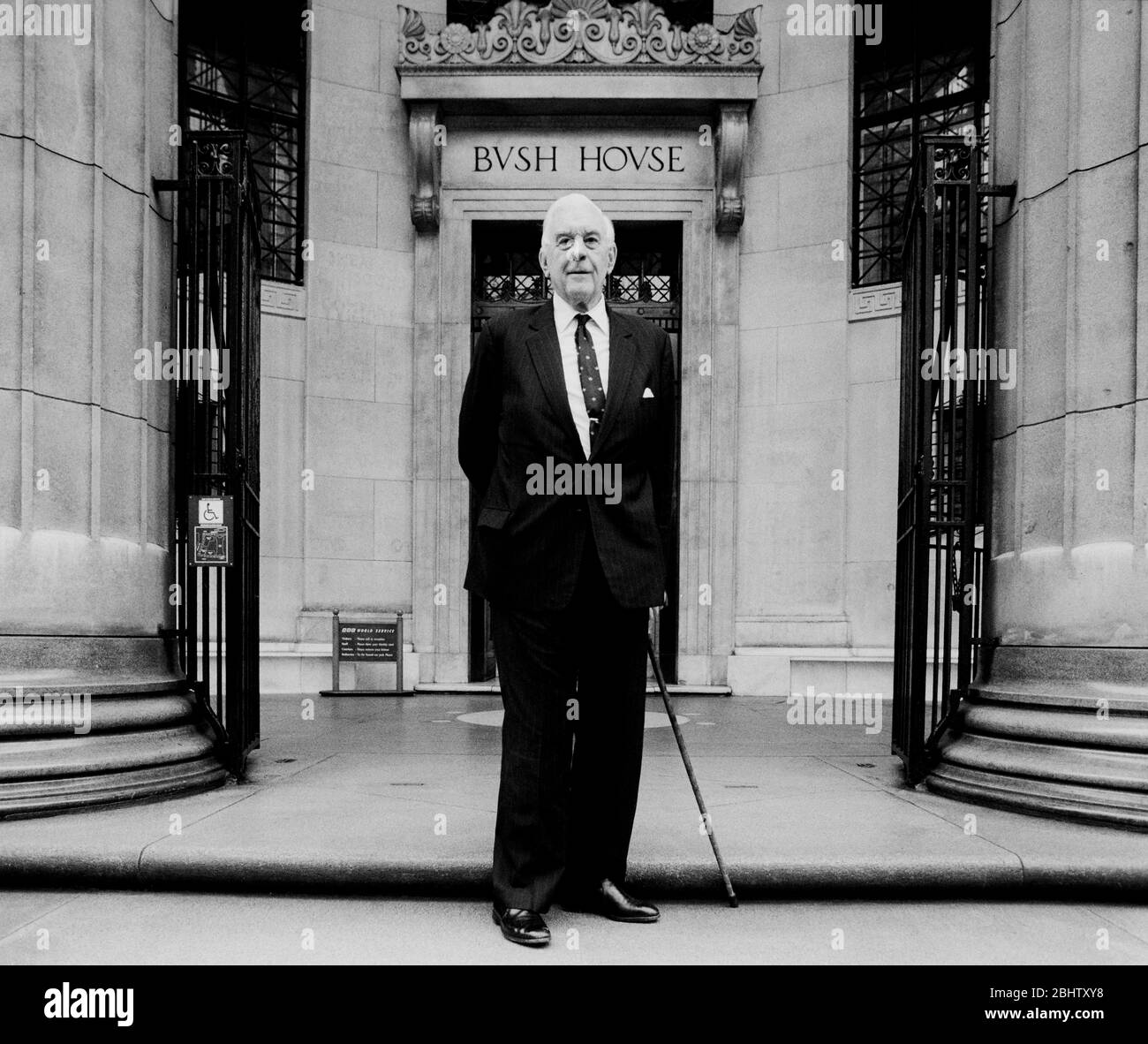 Marmaduke Hussey, Baron Hussey of North Bradley, also known as Duke Hussey, outside Bush House in London. He was Chairman of the Board of Governors of the BBC between 1986 and 1996. Stock Photo