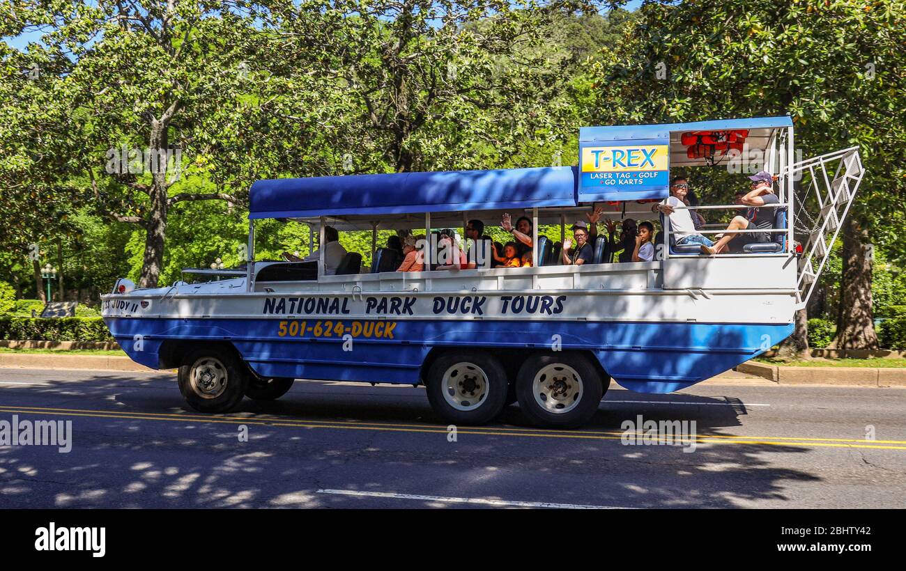 The National Park Duck Tours bus/boat parked on Bathhouse Row (Central Avenue), The City of Hot Springs, Arkansas, United States Stock Photo
