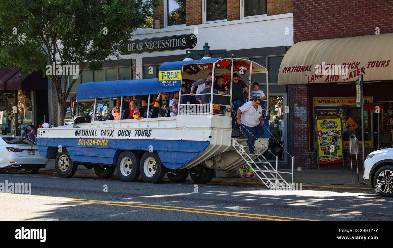 The National Park Duck Tours bus/boat parked on Bathhouse Row (Central Avenue), The City of Hot Springs, Arkansas, United States Stock Photo