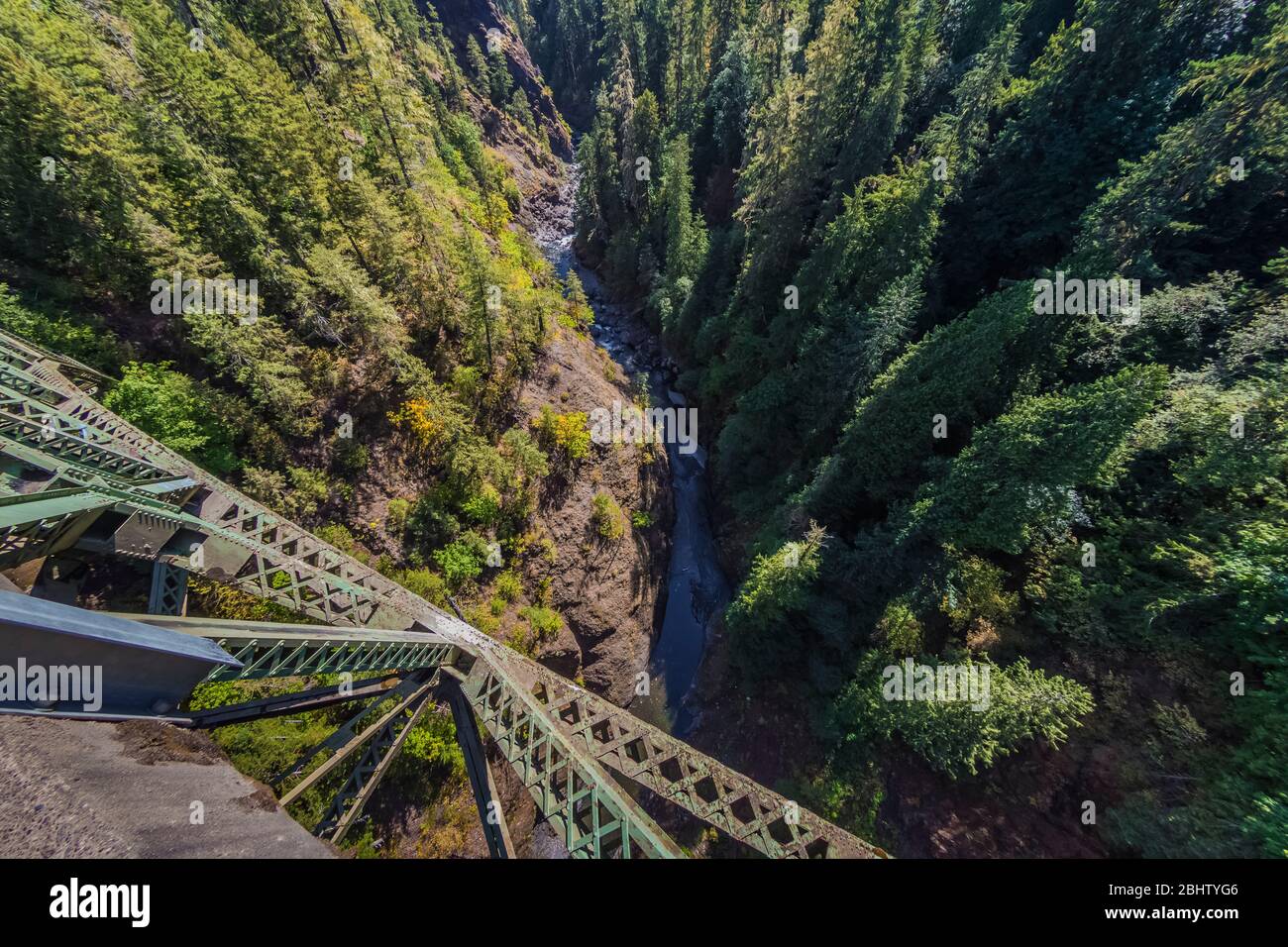View down to South Fork Skokomish River from High Steel Bridge, originally built for logging trains, in Olympic National Forest, Washington State, USA Stock Photo