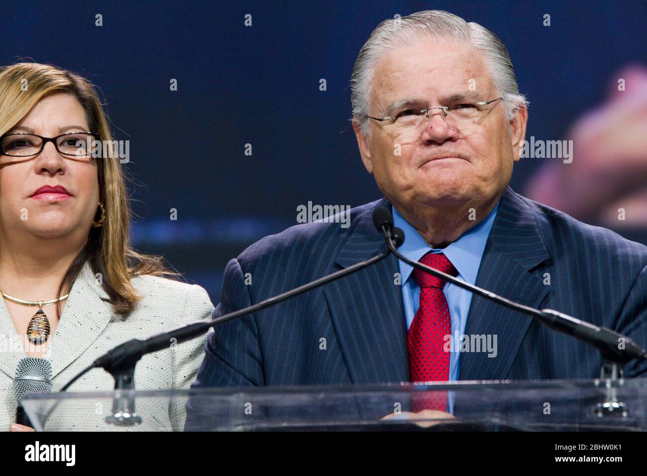 Houston, Texas USA, August 6, 2011: Controversial pastor John Hagee Sr. of Cornerstone Church in San Antonio speaks at The Response, a day-long 'call to prayer for a nation in crisis' that attracted over 30,000 worshippers to hear prayers, gospel music and conservative evangelic speakers at Reliant Stadium.   ©Bob Daemmrich Stock Photo