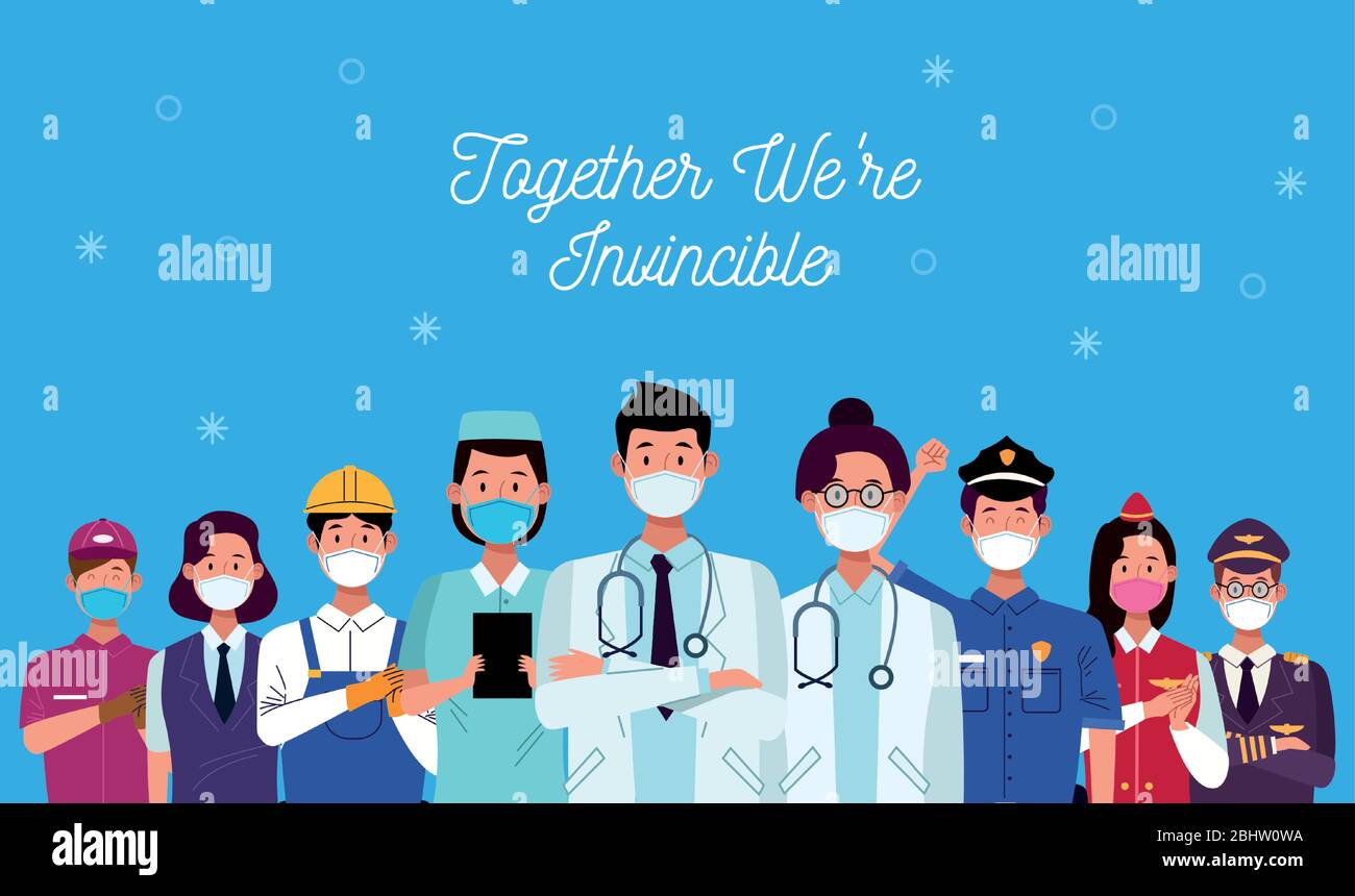 group of workers using face masks and together we are invincible Stock ...