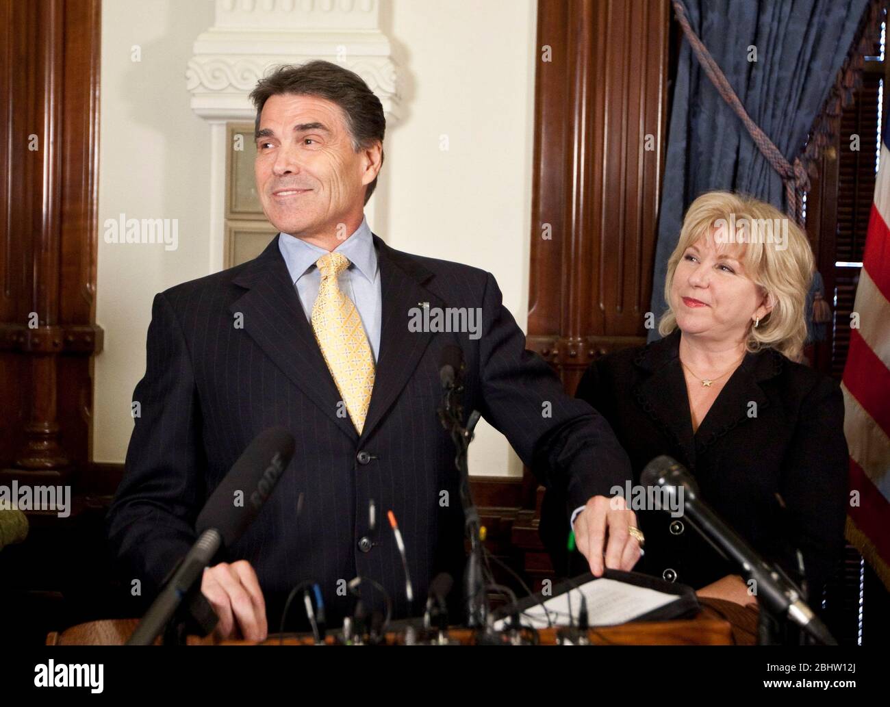 Austin, Texas USA, July 18 2011: Texas Governor Rick Perry answers questions regarding his possible presidential run, as state Sen. Jane Nelson looks on. ©Marjorie Kamys Cotera/Daemmrich Photography Stock Photo