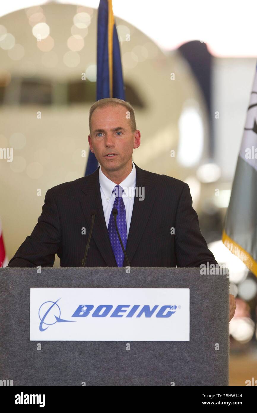 San Antonio Texas USA, June 23, 2011: Dennis Muilenburg, CEO of Boeing Defense, Space and Security, speaks in front of a Boeing 787 aircraft at a Texas bill-signing ceremony at the Boeing plant in south San Antonio. Texas Governor Rick Perry signed a state law exempting certain aircraft from tax assessments when temporarily housed in Texas facilities. ©Bob Daemmrich Stock Photo
