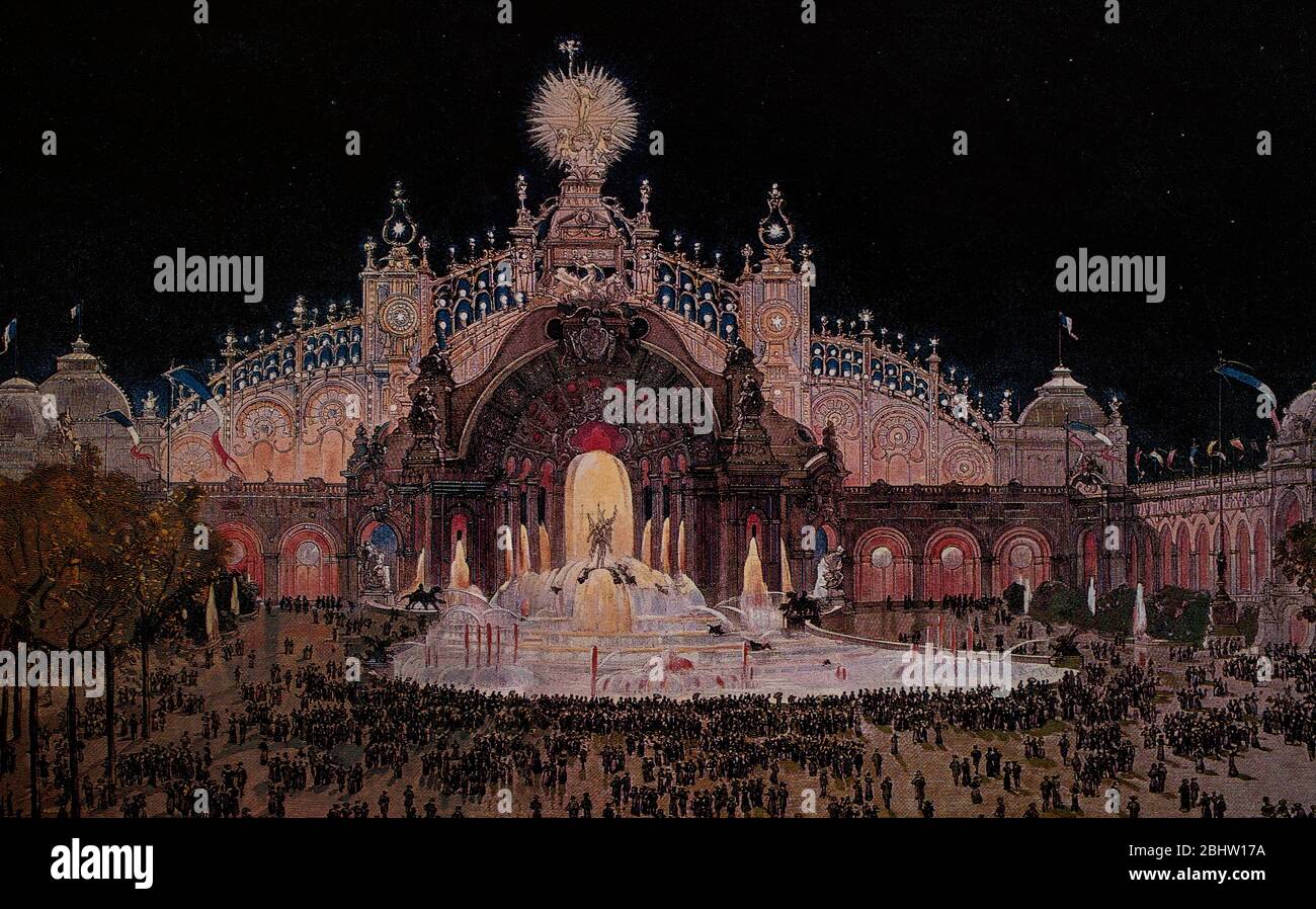 Night time view of exotic illuminated Palace of Electricity, in L'Exposition de Paris aka the Paris Expo 1900. Painting by Ewald Thiel (1855-1939, a German painter and illustrator. Stock Photo