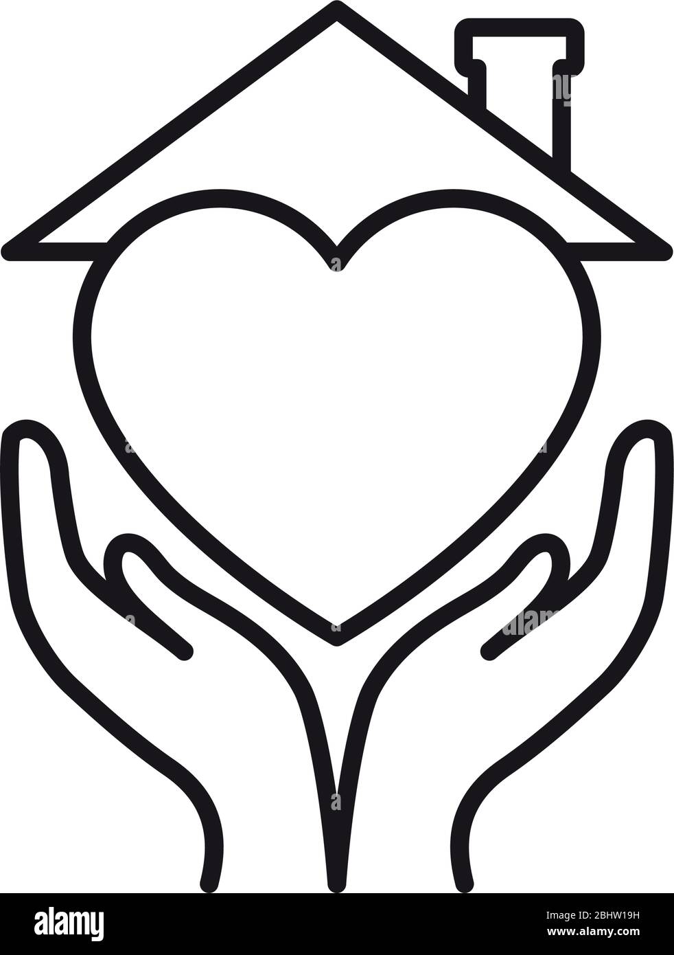 stay home concept, hands with heart and house roof icon over white ...