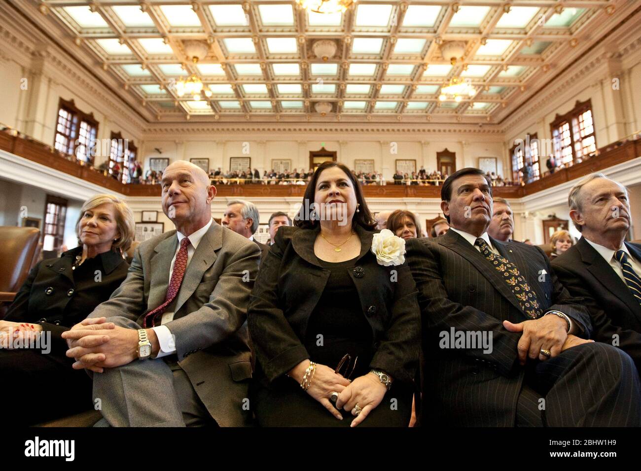 Austin Texas USA, February 8, 2011: Texas State Senators (left to right) Florence Shapiro, John Whitmire, Leticia Van de Putte, Eddie Lucio and Jeff Wentworth listen to the governor's State of the State speech at the Texas Capitol. ©Marjorie Kamys Cotera/Daemmrich Photography Stock Photo
