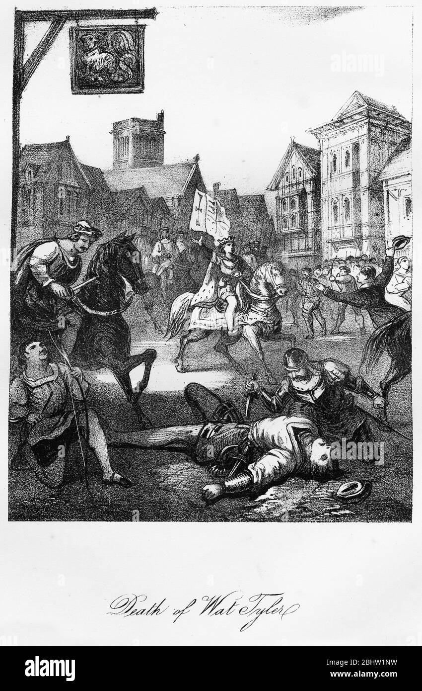 Engraving of the death of Wat Tyler, London, England. Walter 'Wat' Tyler (c.1320 - 1381) was a leader of the 1381 Peasants' Revolt in England. He marched a group of rebels from Canterbury to the capital to oppose the institution of a poll tax and to demand economic and social reforms. While the brief rebellion enjoyed early success, Tyler was killed by officers loyal to King Richard II during negotiations at Smithfield, London. (wikipedia) Stock Photo