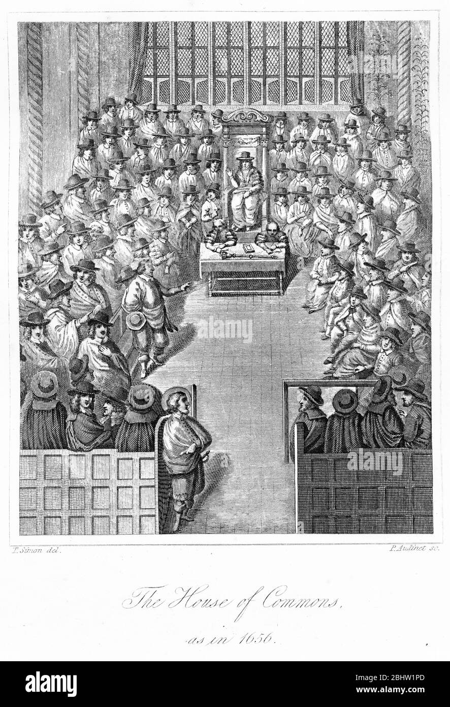 Engraving of the  House of Commons sitting in 1656. The Second Protectorate Parliament in England sat for two sessions from 17 September 1656 until 4 February 1658, with Thomas Widdrington as the Speaker of the House of Commons. Parliament was summoned reluctantly by the Lord Protector Oliver Cromwell on the advice of the Major-Generals who were running the country as regions under military governors. (Wikipedia) Stock Photo
