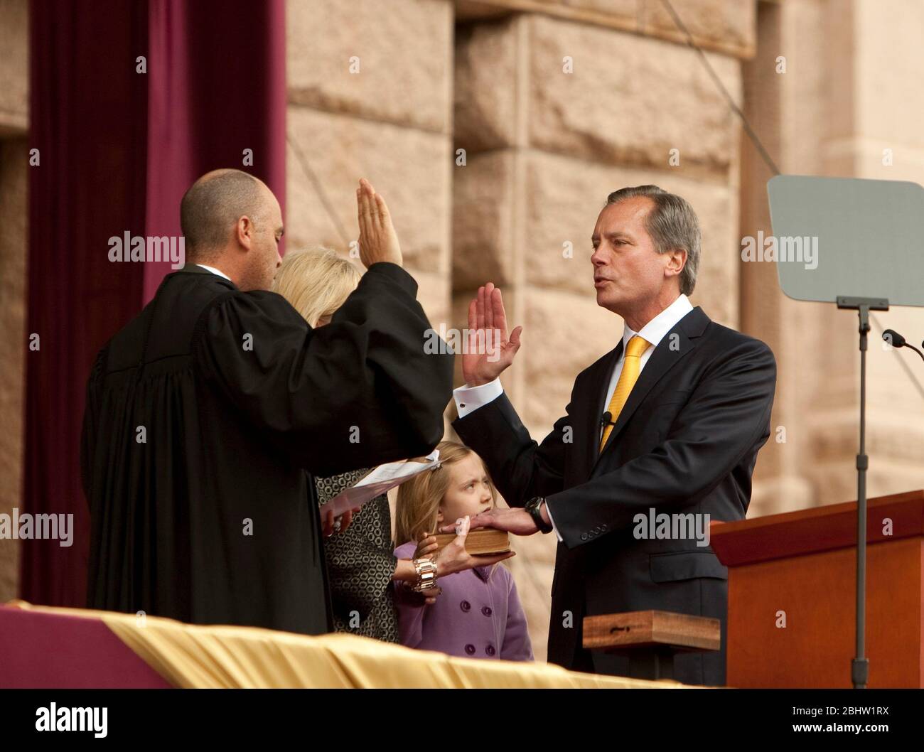 Austin, Texas USA, January 18 2011: Chief Justice of the Texas Supreme Court Wallace Jefferson (L) performs swearing-in ceremony for Lt. Governor David Dewhurst at the Texas Capitol. ©Marjorie Kamys Cotera /Daemmrich Photography Stock Photo