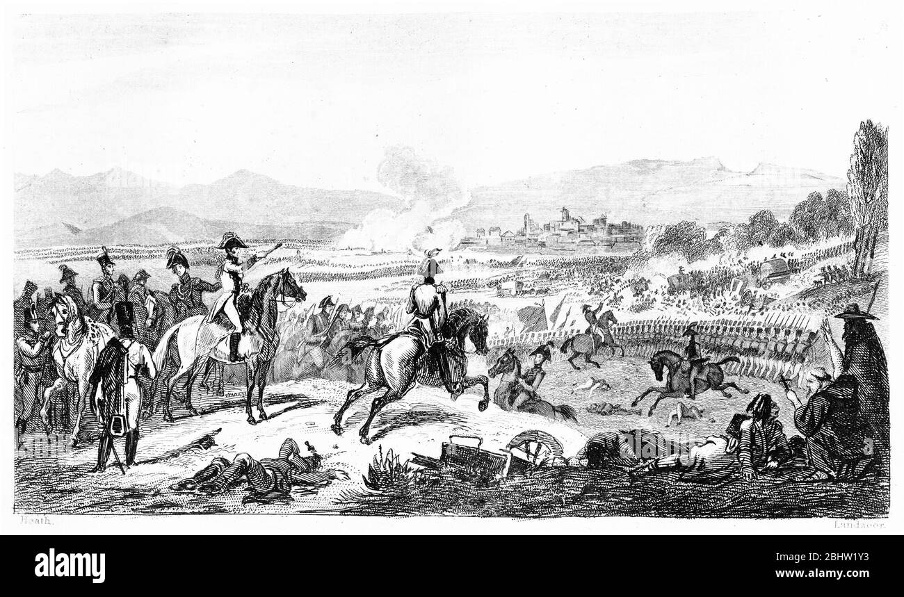 Engraving of the Battle of Talavera, July 1809, outside the town of Talavera de la Reina, Spain during the Peninsular War. Stock Photo