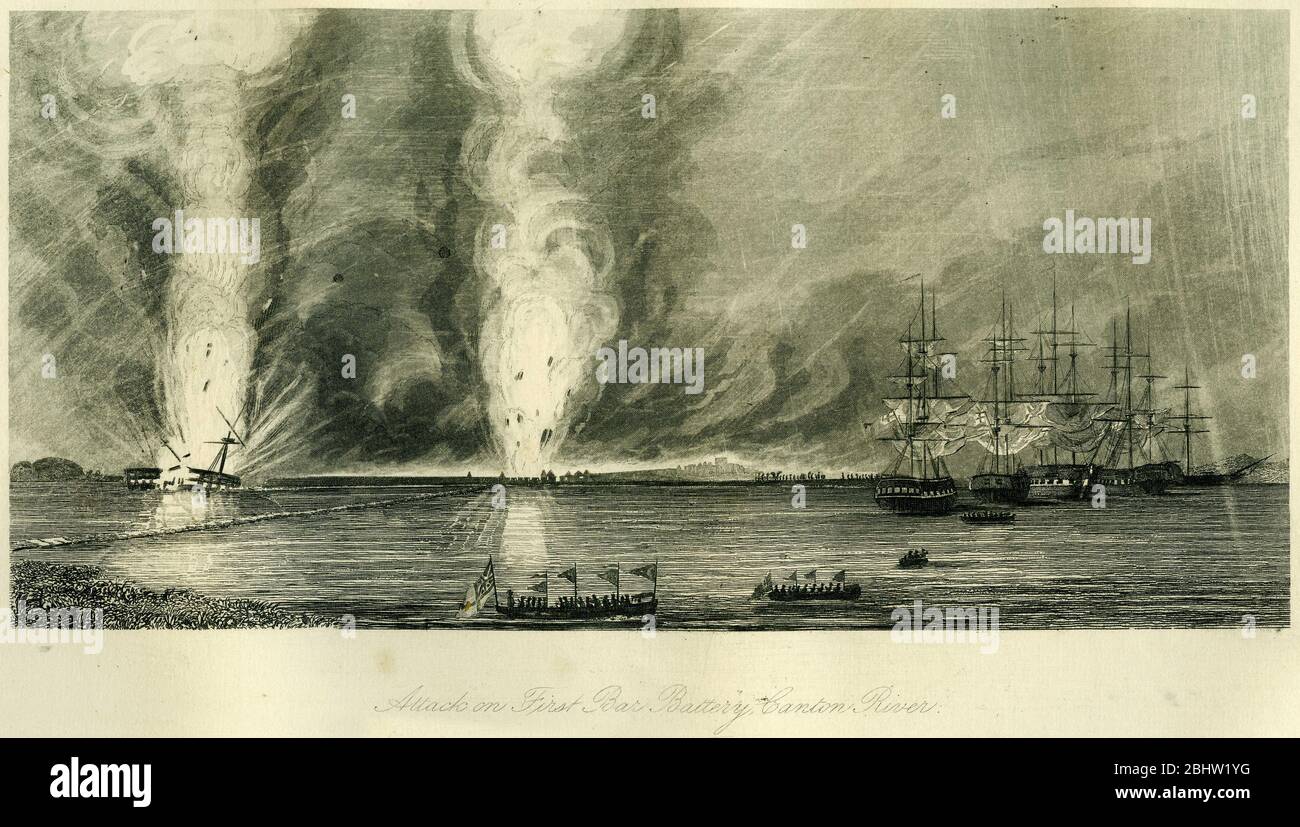 Engraving of a naval attack on the First Bar Battery, Canton River during the battle at First Bar Island in the Canton River, China, between the British and Chinese, during the First Opium War, 27 February 1841. Stock Photo