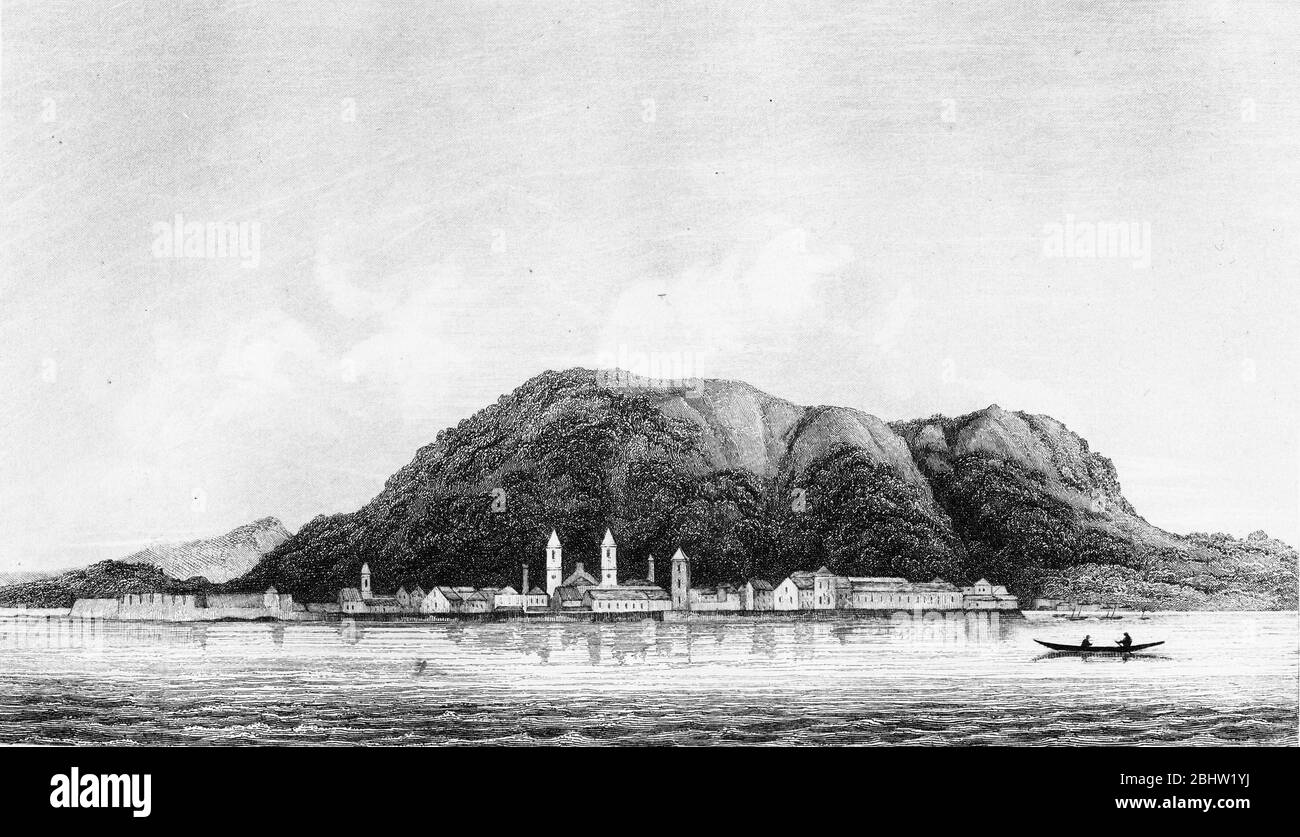Engraving of Mount Victoria, Hong Kong, circa 1900, when it had been leased as part of British territory Stock Photo