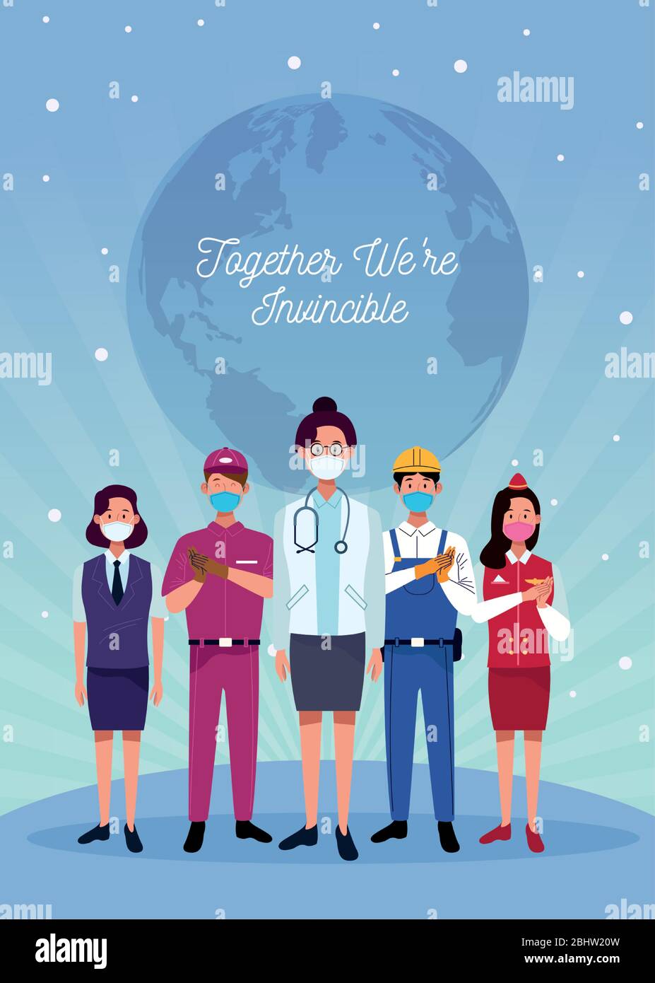 group of workers using face masks and together we are invincible Stock ...