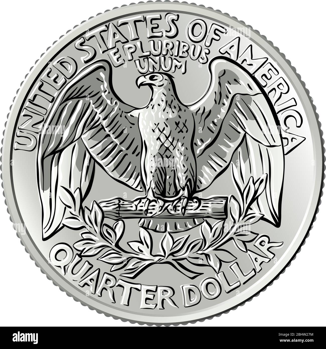 American money, United States Washington quarter dollar or 25-cent silver coin, the national bird of USA Bald eagle with wings spread on reverse Stock Vector