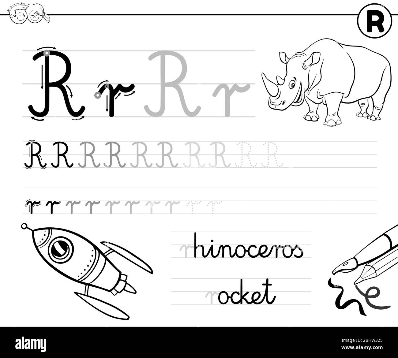 Black and White Cartoon Illustration of Writing Skills Practice Worksheet with Letter R for Preschool and Elementary Age Children Coloring Book Stock Vector