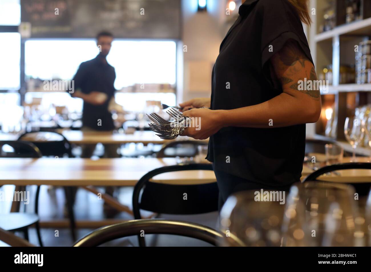 Setting up for dinner service in Rome Italy Stock Photo