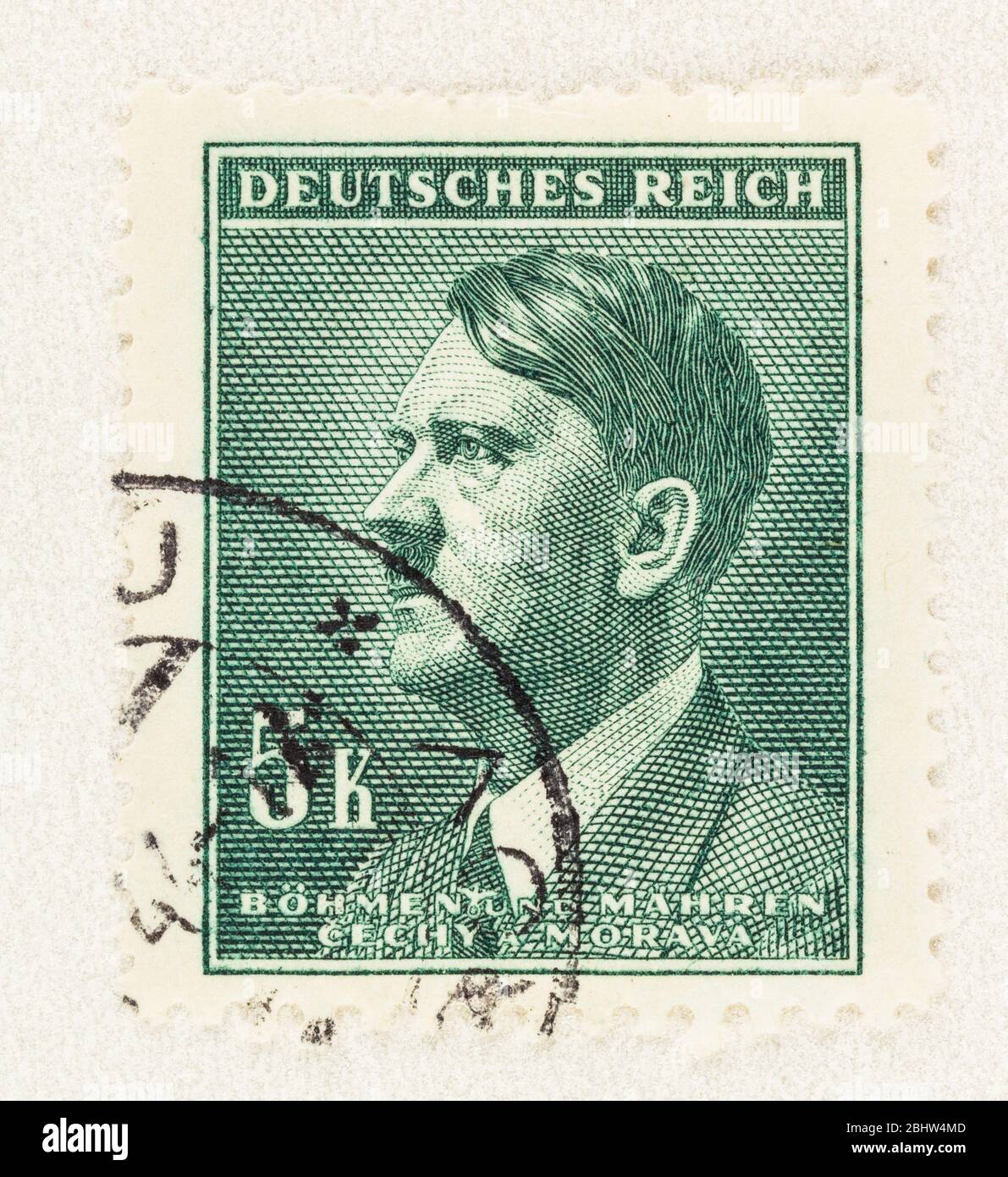 SEATTLE WASHINGTON - April 25, 2020: Portrait of Adolf Hitler on Bohemia and Moravia Deutsches Reich stamp during 1942 German Occupation. Scott # 77 Stock Photo