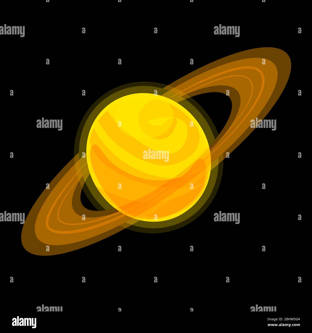 Saturn Cartoon illustration Isolated on black background. Jupiter vector icon. Yellow planet with ring Stock sticker. Cosmo Globo logo with rings. Orange giant flat element. Stock Vector