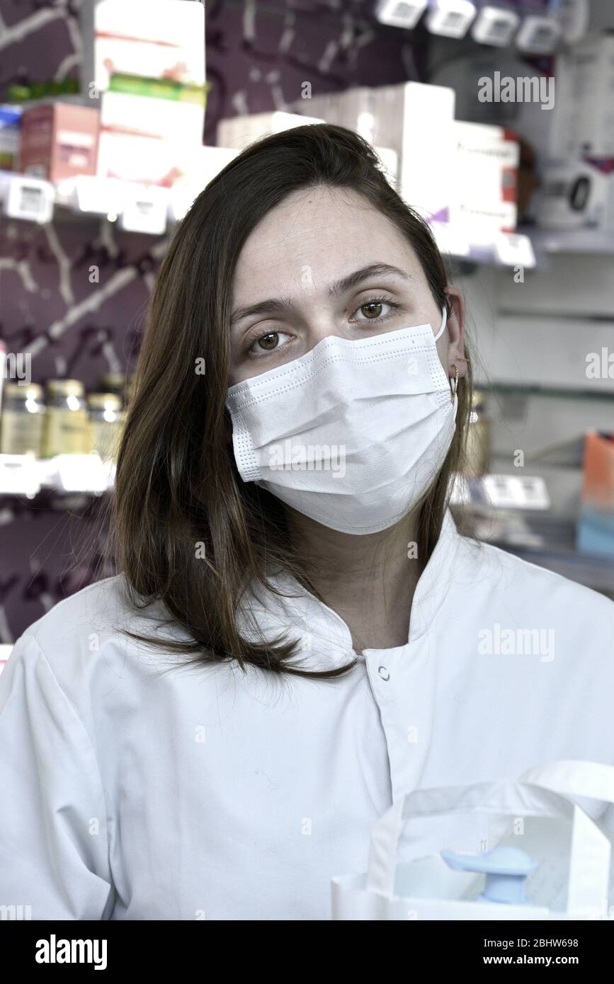 Pharmacist during the corona epidemic Stock Photo