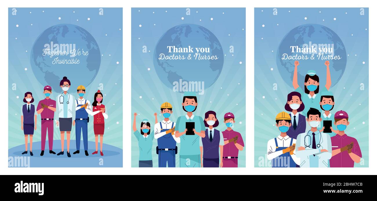 group of workers using face masks and positive messages Stock Vector ...