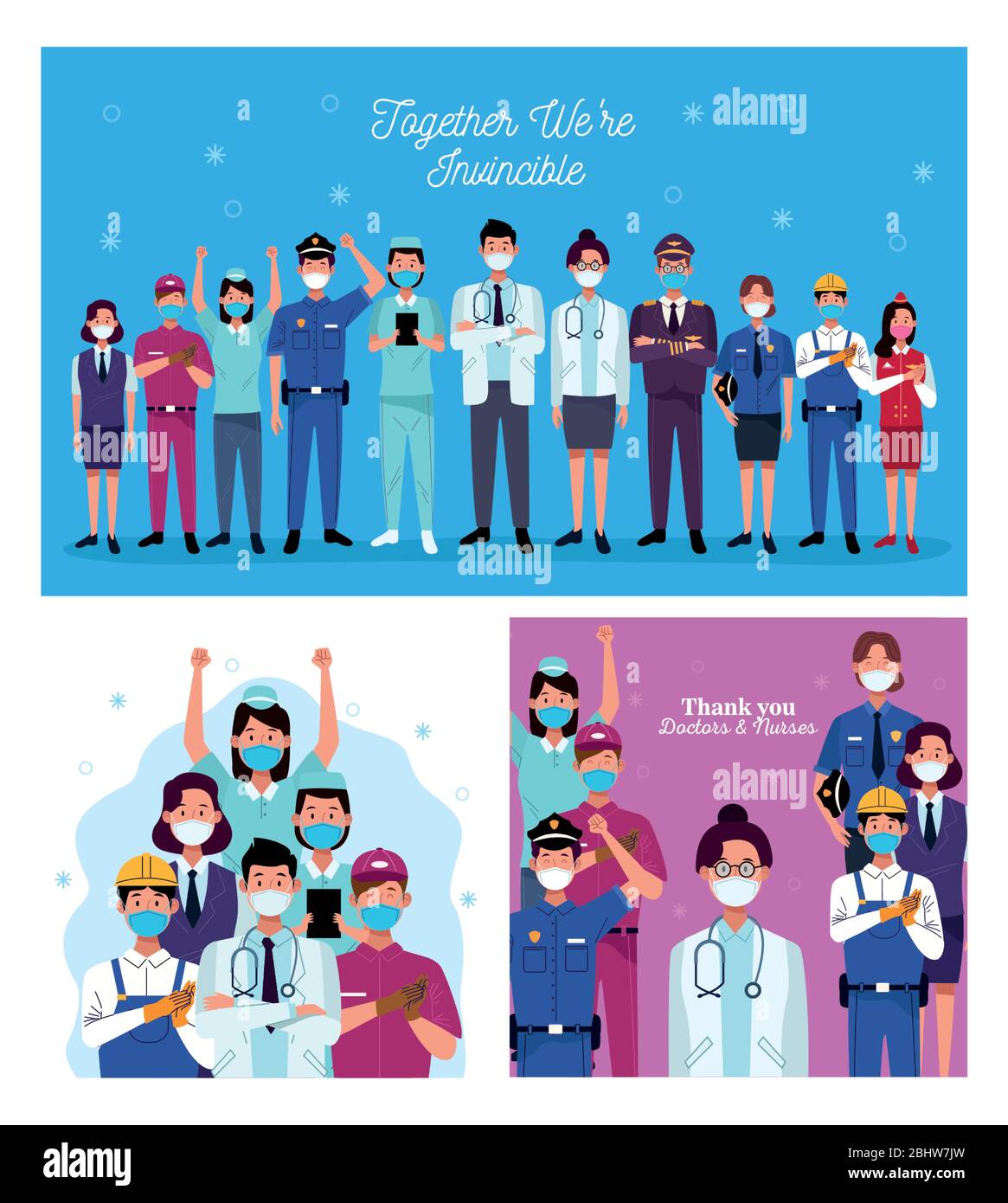 group of workers using face masks and positive messages Stock Vector ...