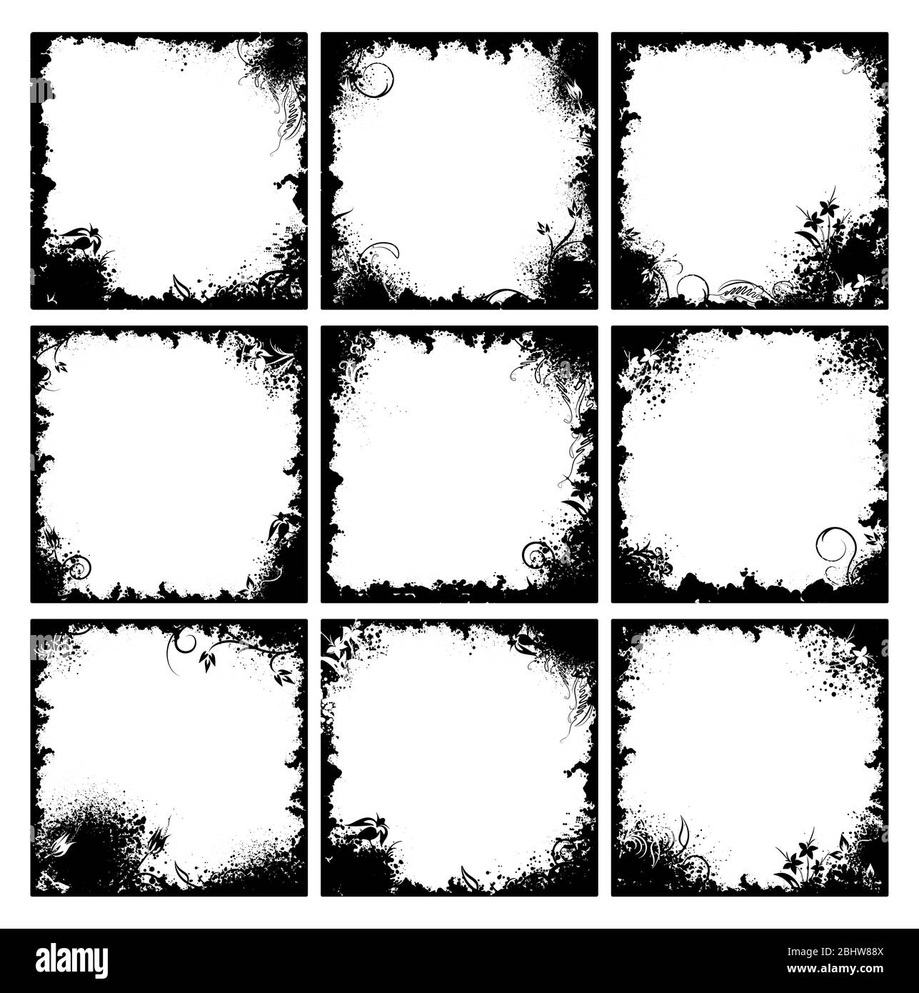 Set of nine black floral frames in grunge style Stock Vector Image ...