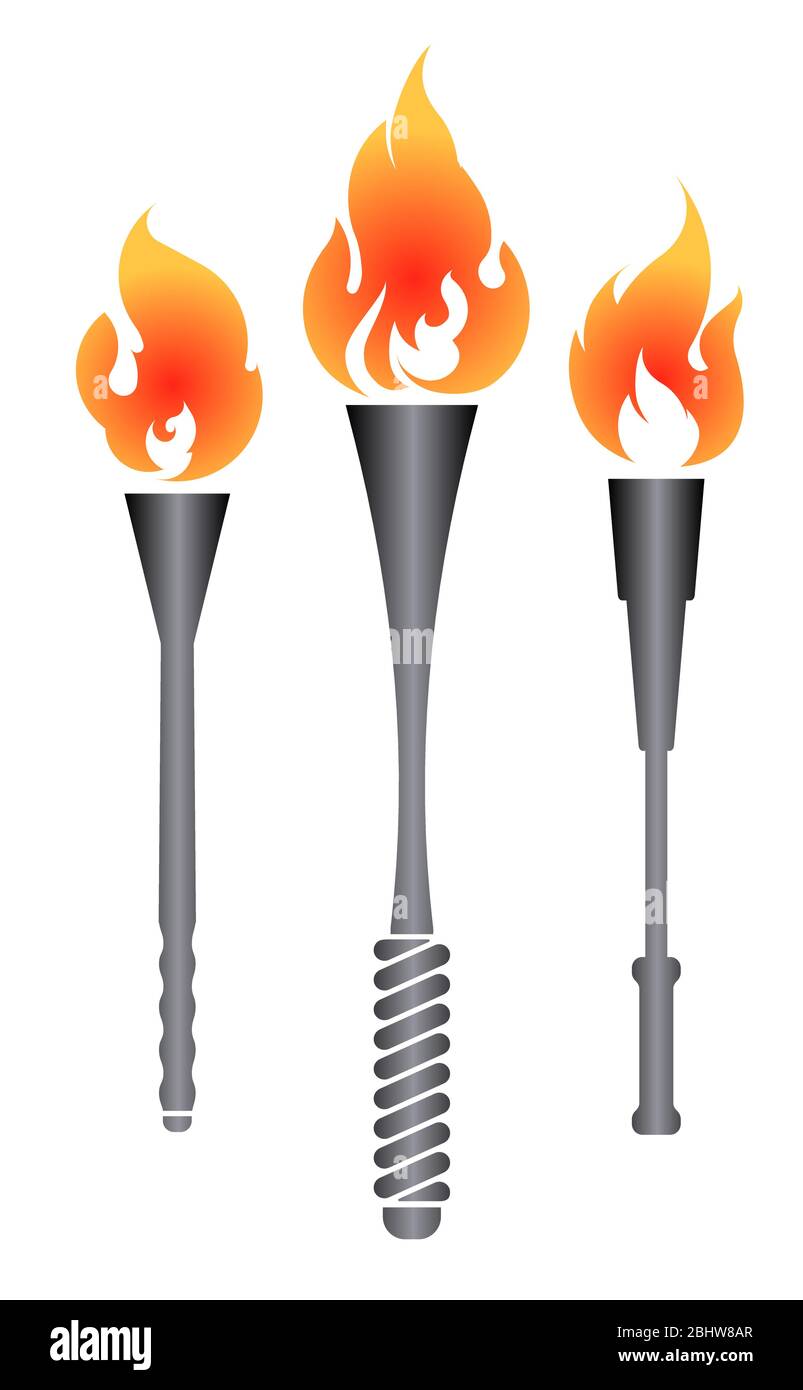 Set of three vector torches with red flames Stock Vector