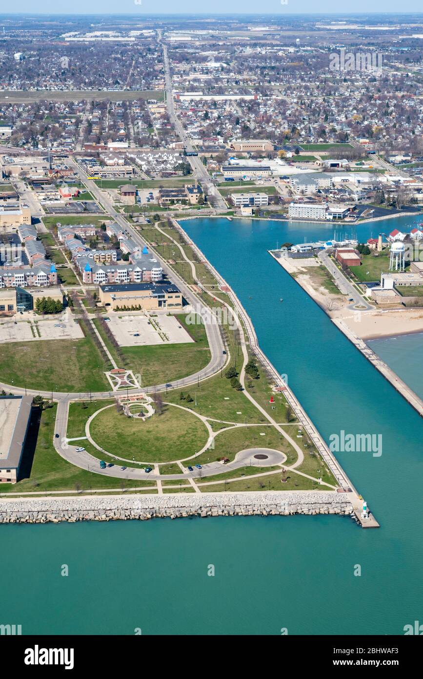 Aerial view of Kenosha, Wisconsin on a sunny April day. Stock Photo