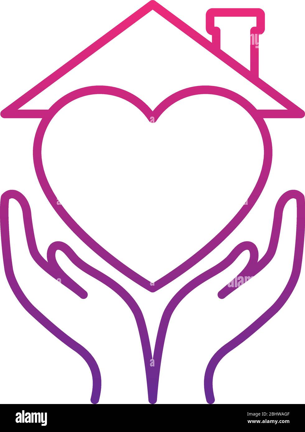 stay home concept, hands with heart and house roof icon over white ...