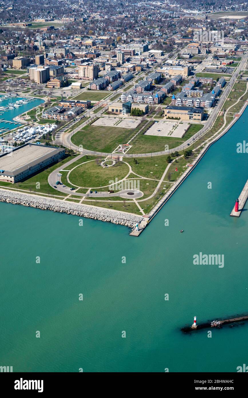 Aerial view of Kenosha, Wisconsin on a sunny April day. Stock Photo