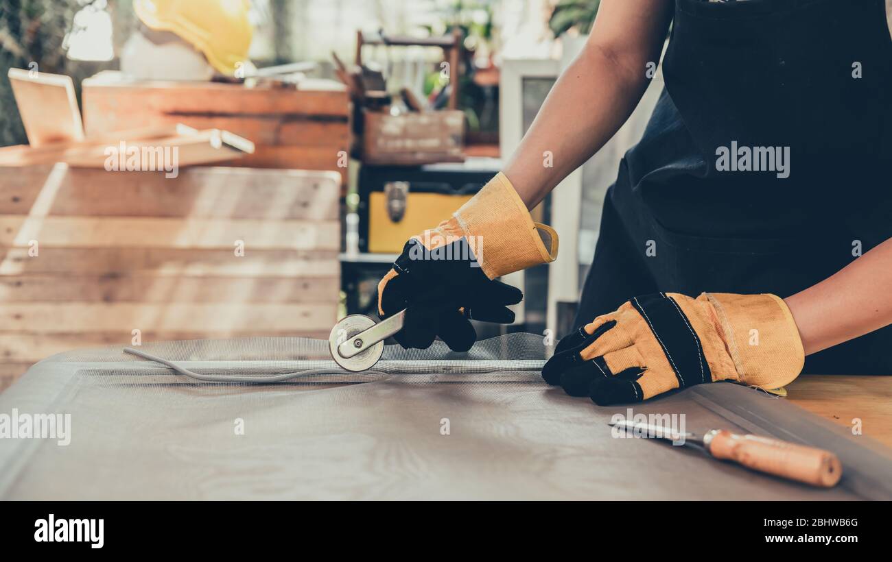 Repair Window Frame With New Mosquito Wire Screen Stay Home For Renovating House Lifestyle During The Corona Virus Crisis Lock Down Stock Photo Alamy