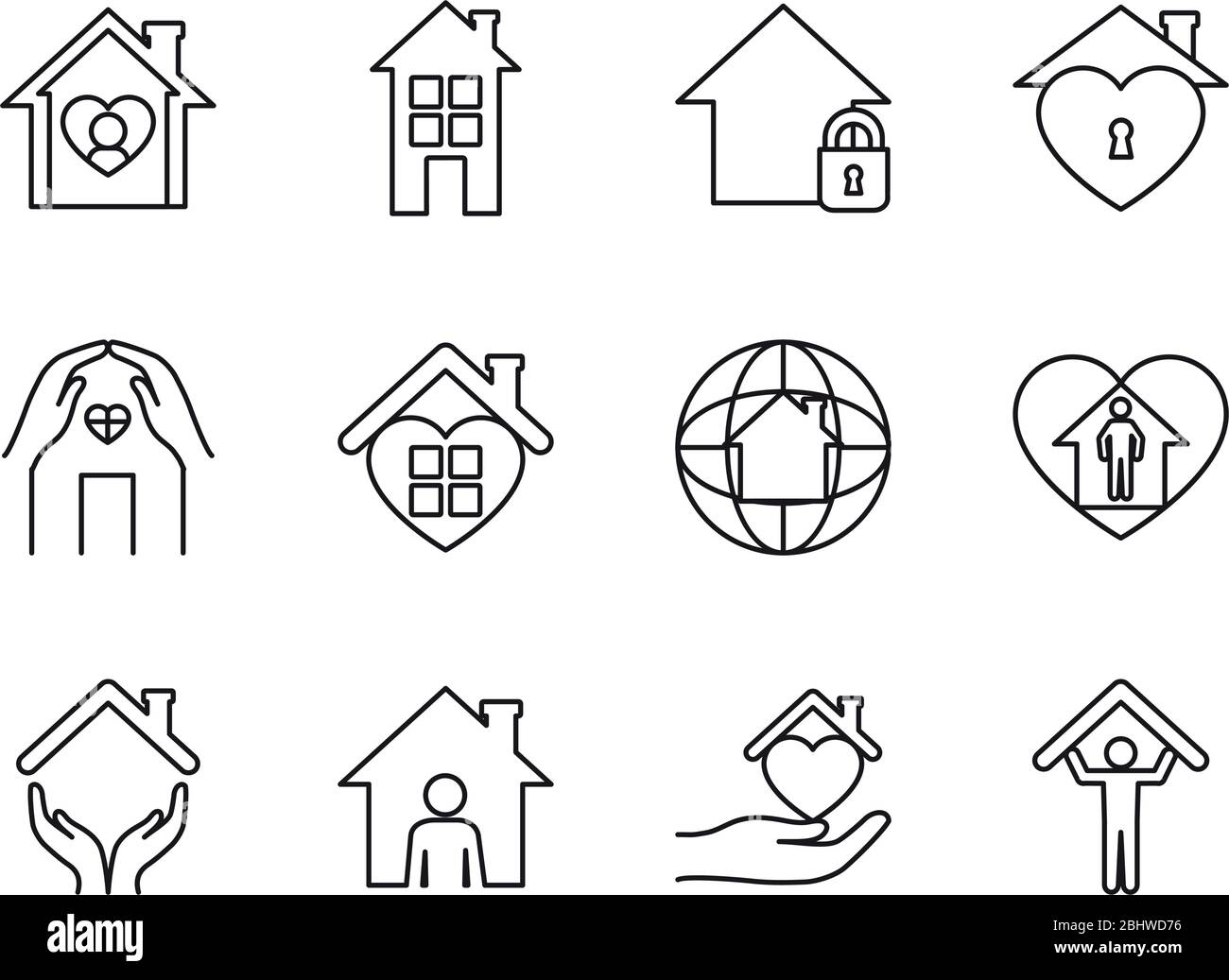 hearts and stay home icon set over white background, line style, vector ...
