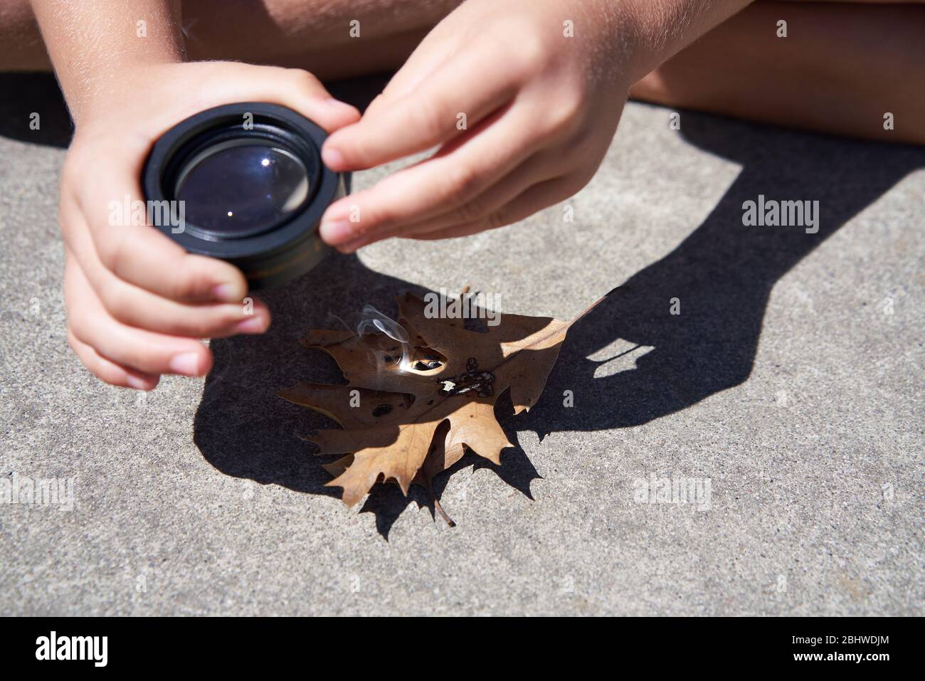 Hands and fingers holding a convex lens and focusing sunlight on leaves causing them to ignite, smoke and burn. Stock Photo