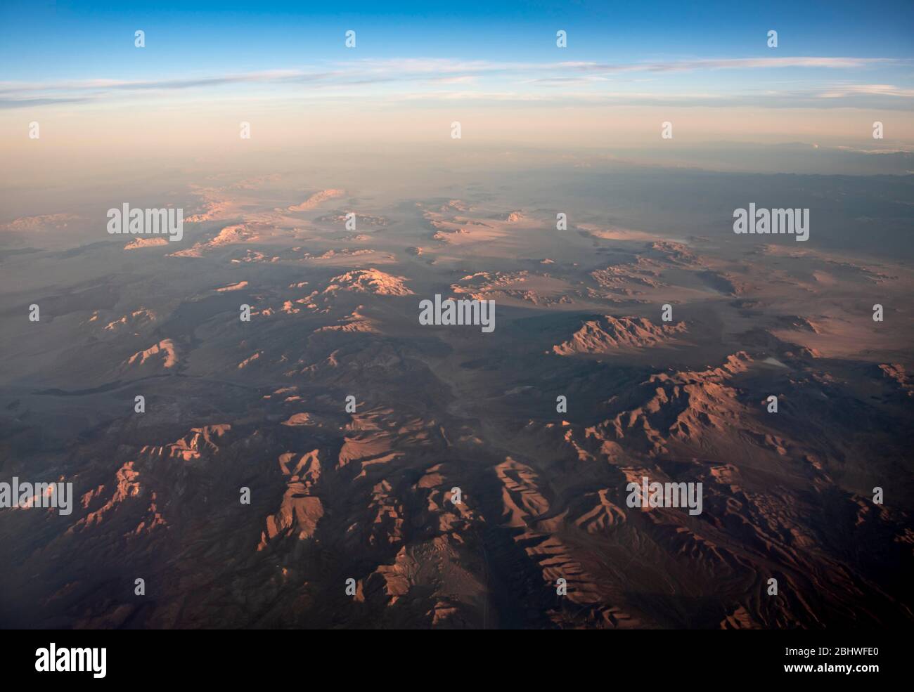 Barren desert landscape with mountains, aerial view, Mojave Desert, California, USA Stock Photo