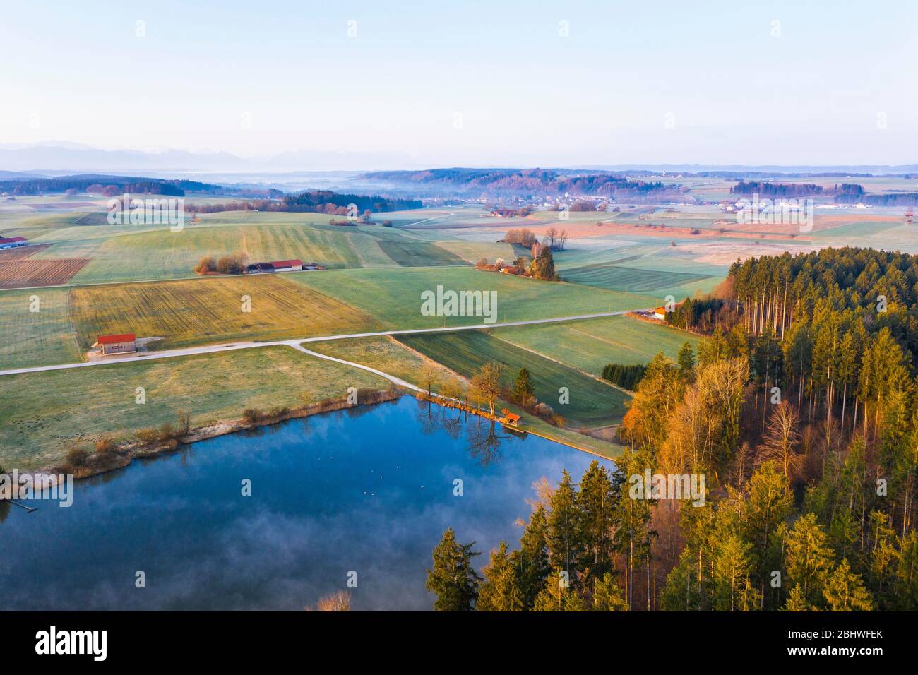 Aufhofener Weiher, near Egling, Toelzer Land, drone recording, Upper Bavaria, Bavaria, Germany Stock Photo