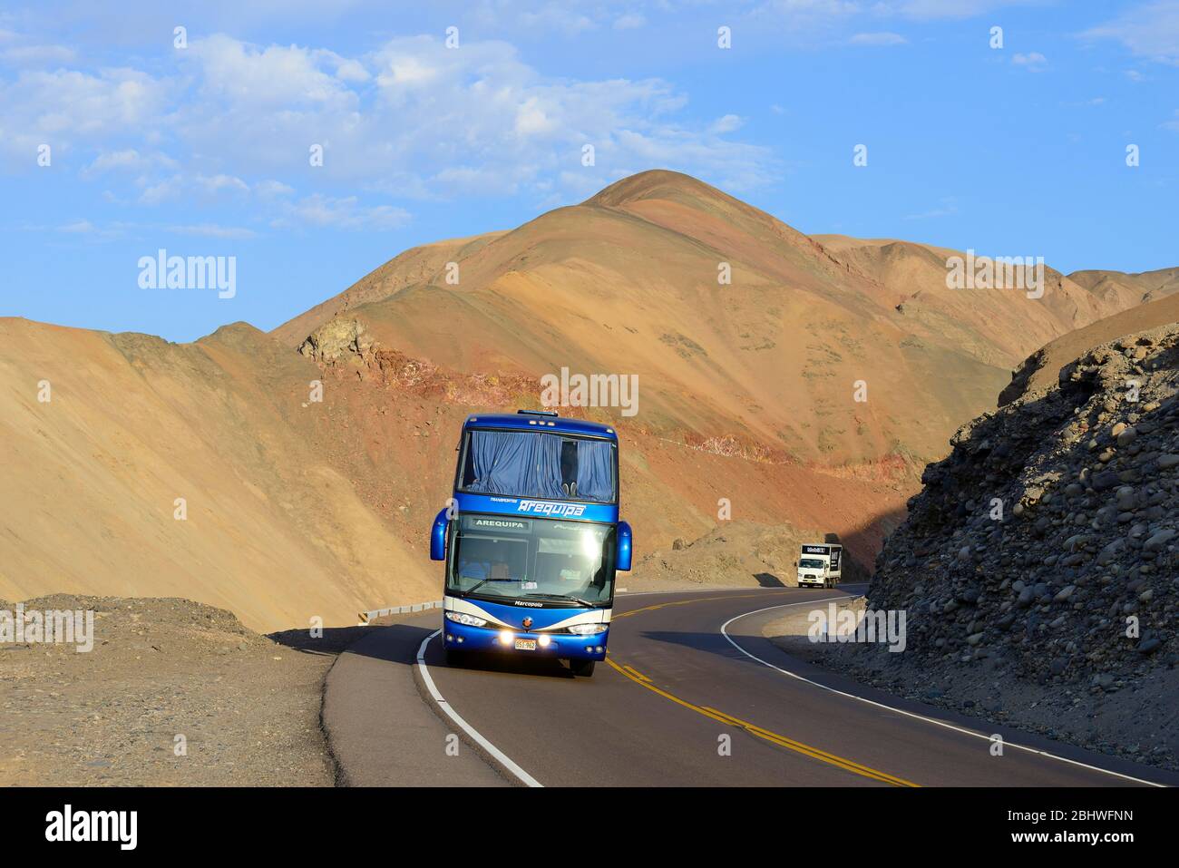 Bus on the Panamericana, near Tacna, Tacna Province, Peru Stock Photo