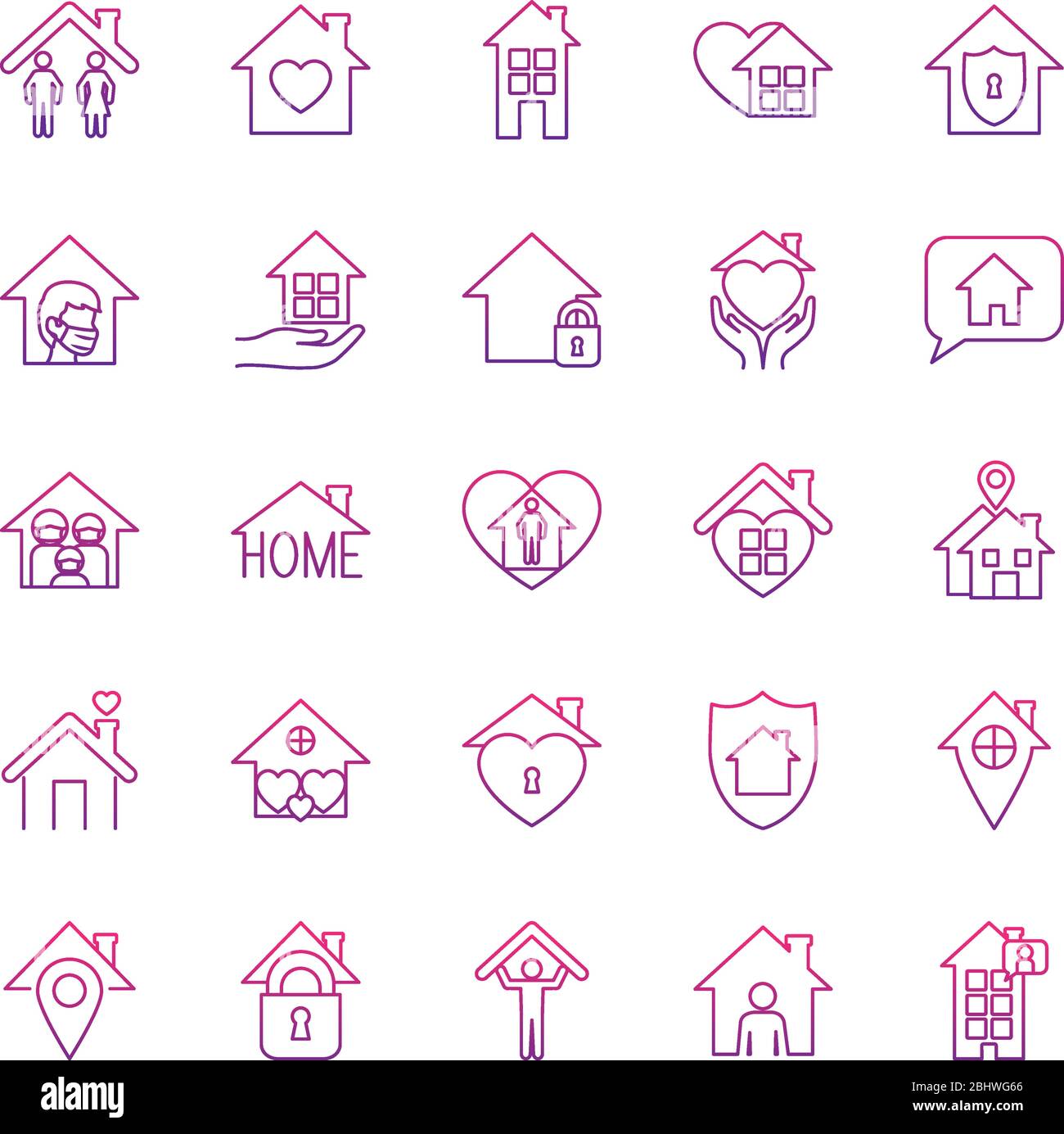 hearts and stay home icon set over white background, gradient style ...