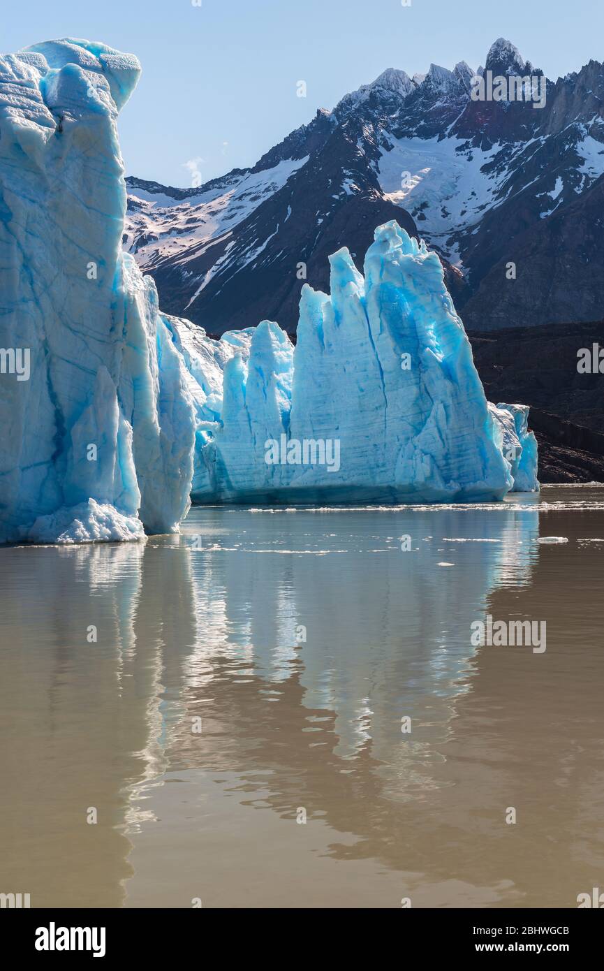 Grey Glacier Reflection in Vertical Format, Torres del Paine national park, Patagonia, Chile. Stock Photo