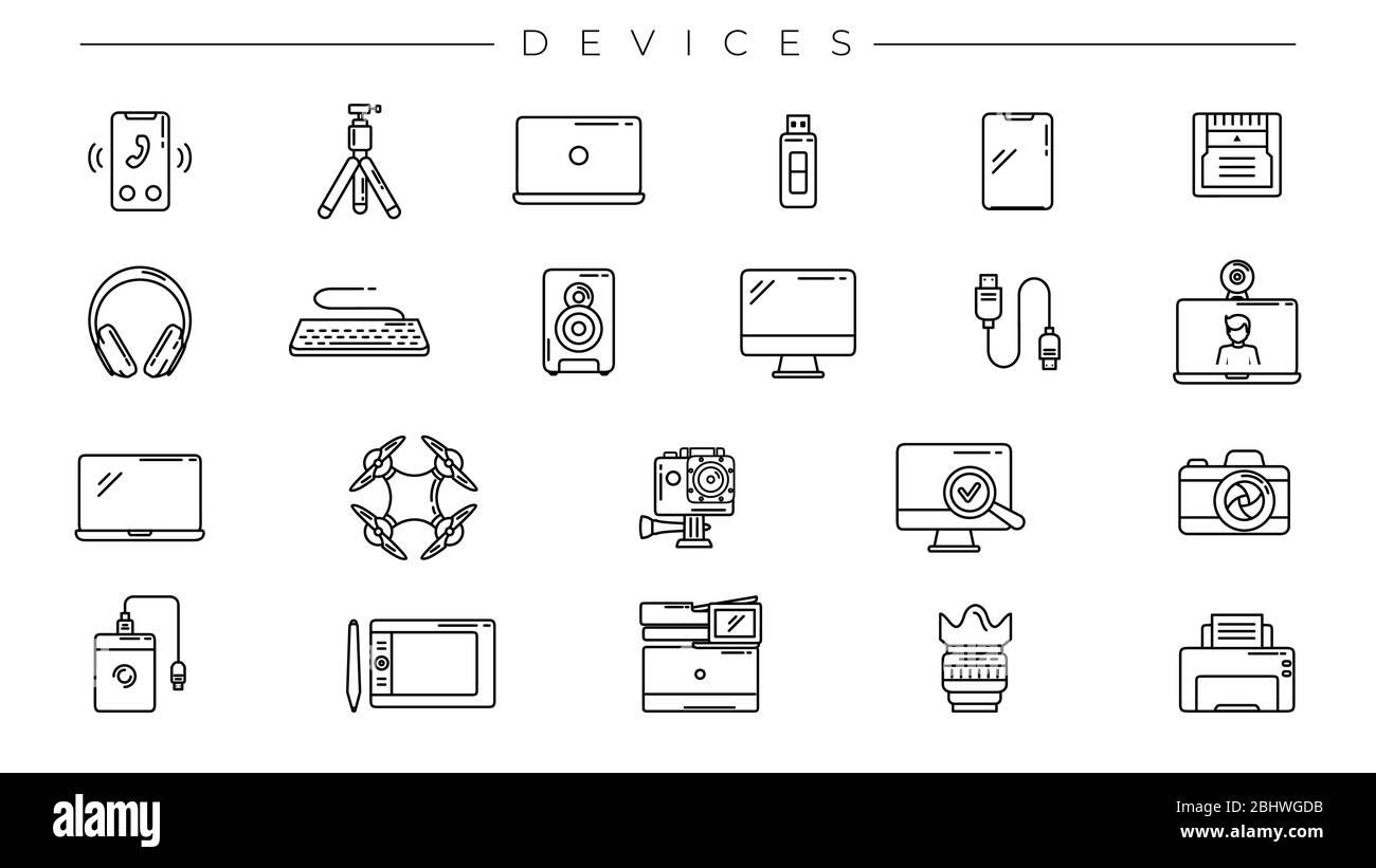 Devices concept line style vector icons set Stock Vector