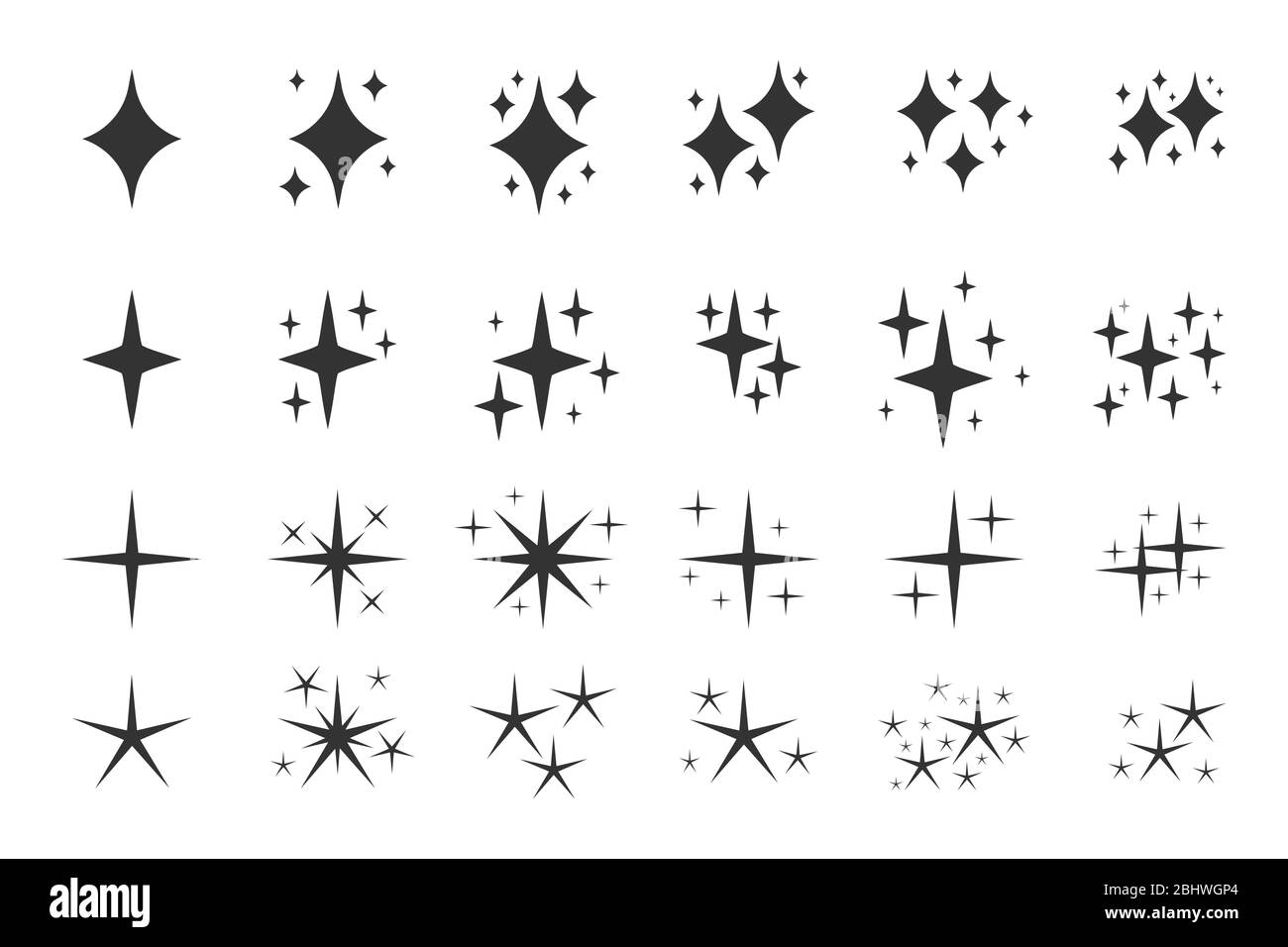 Black sparkles symbols icon set. Glyph template spark for glowing light effect stars, bursts. Silhouette symbol shine, clean, confetti element. Elegant twinkle shape. Isolated vector illustration Stock Vector