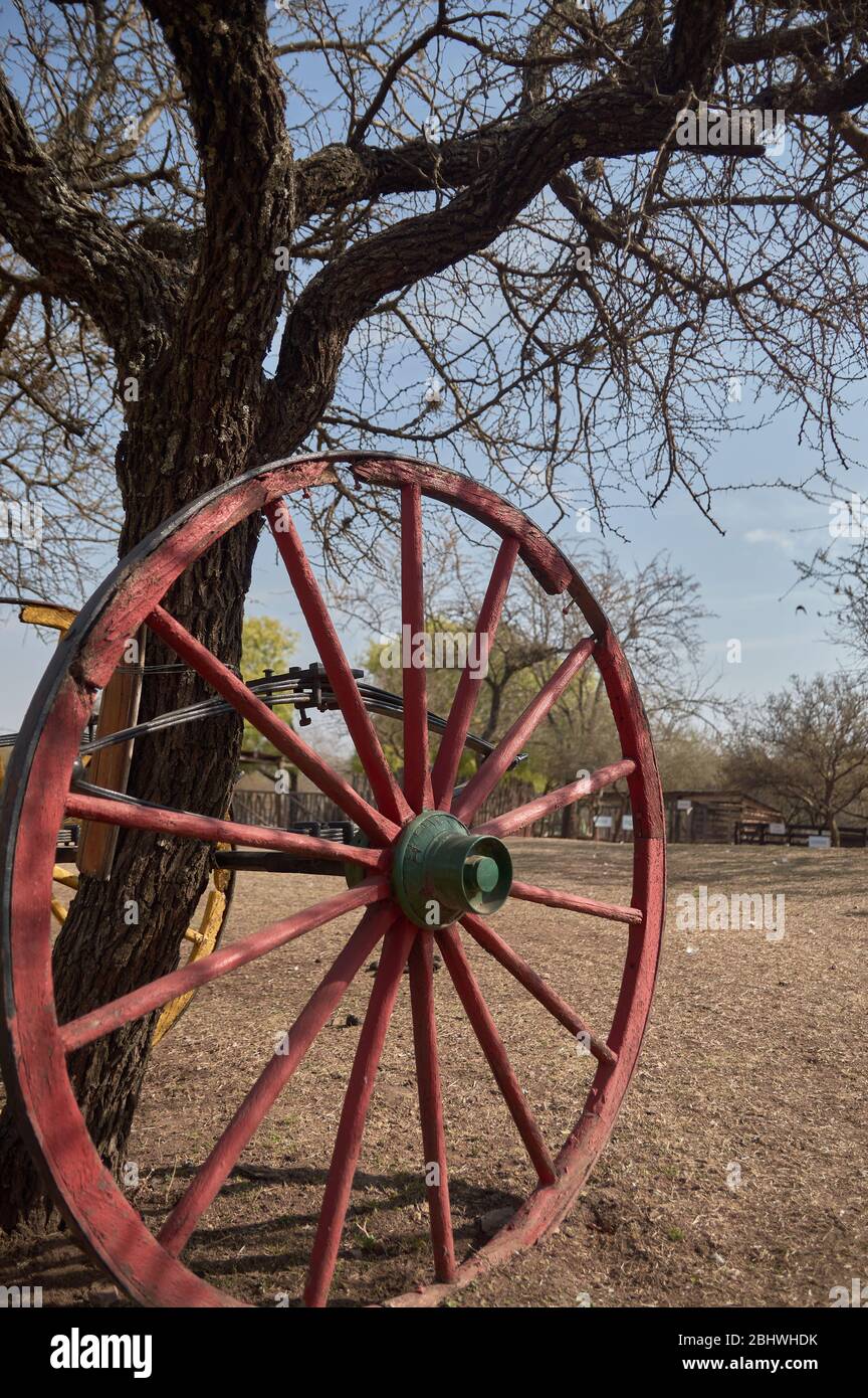 Big red wagon wheel leaning against a tree Stock Photo