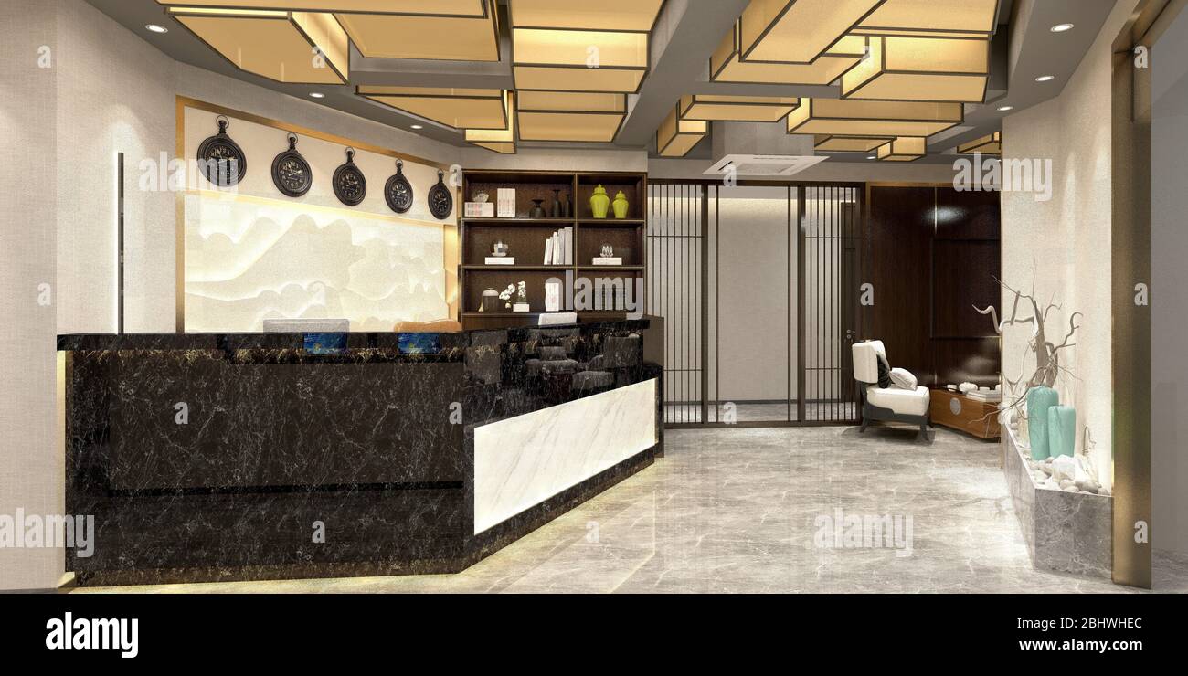 3d render of luxury hotel reception and lobby Stock Photo - Alamy