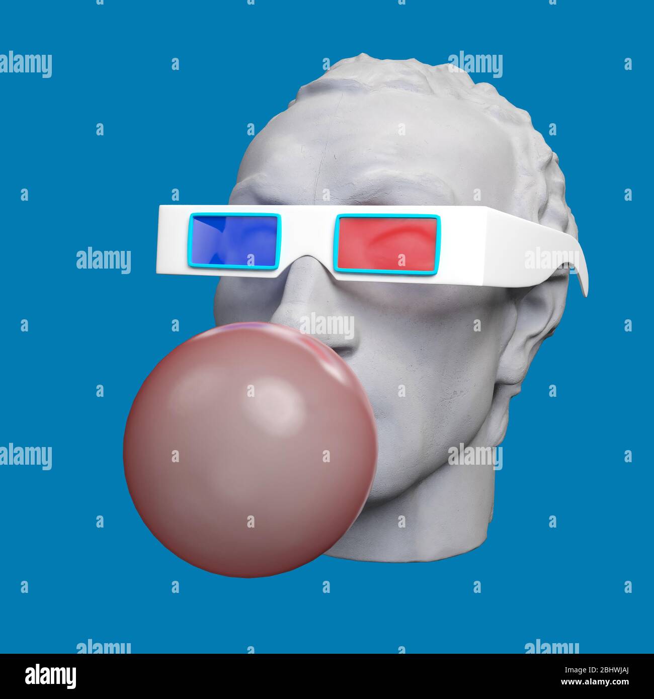 Funny illustration from 3d rendering of classical head sculpture blowing a pink chewing gum bubble. Isolated on blue background. Stock Photo