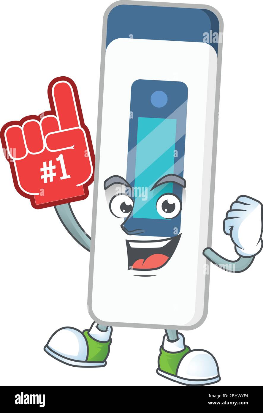 Cartoon character concept of digital thermometer holding red foam finger Stock Vector