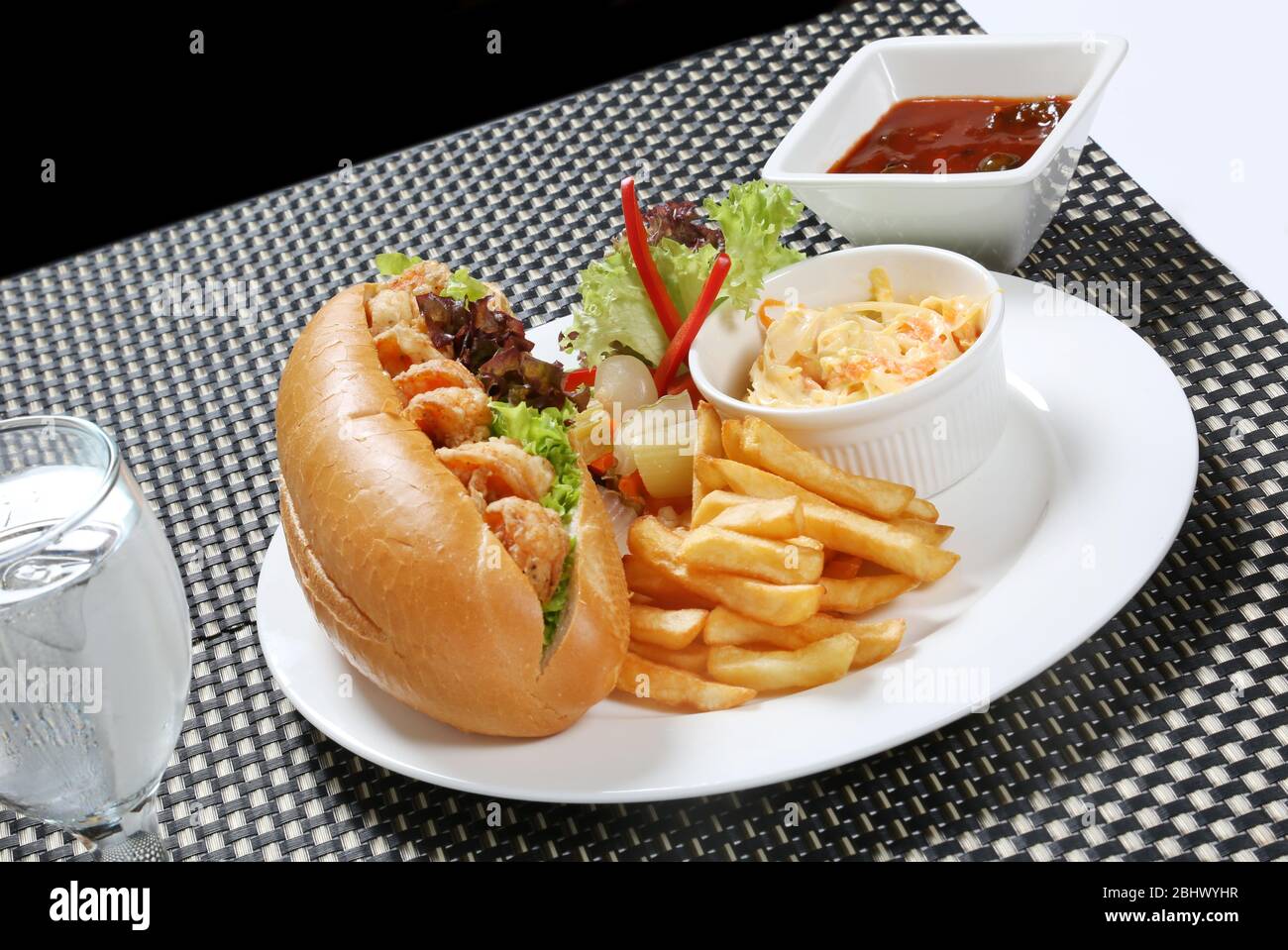 Jumbo Shrimp sandwich with coleslaw and French Fries Stock Photo Alamy