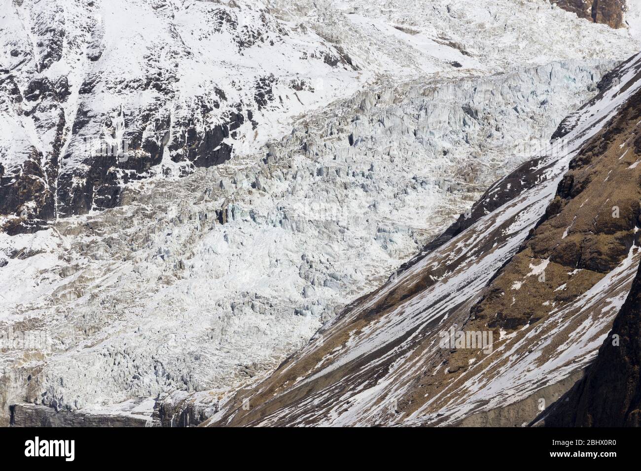 South Annapurna Glacier Iceberg Winter Landscape Panorama near Base Camp Sanctuary in Nepal Himalaya Mountains Stock Photo