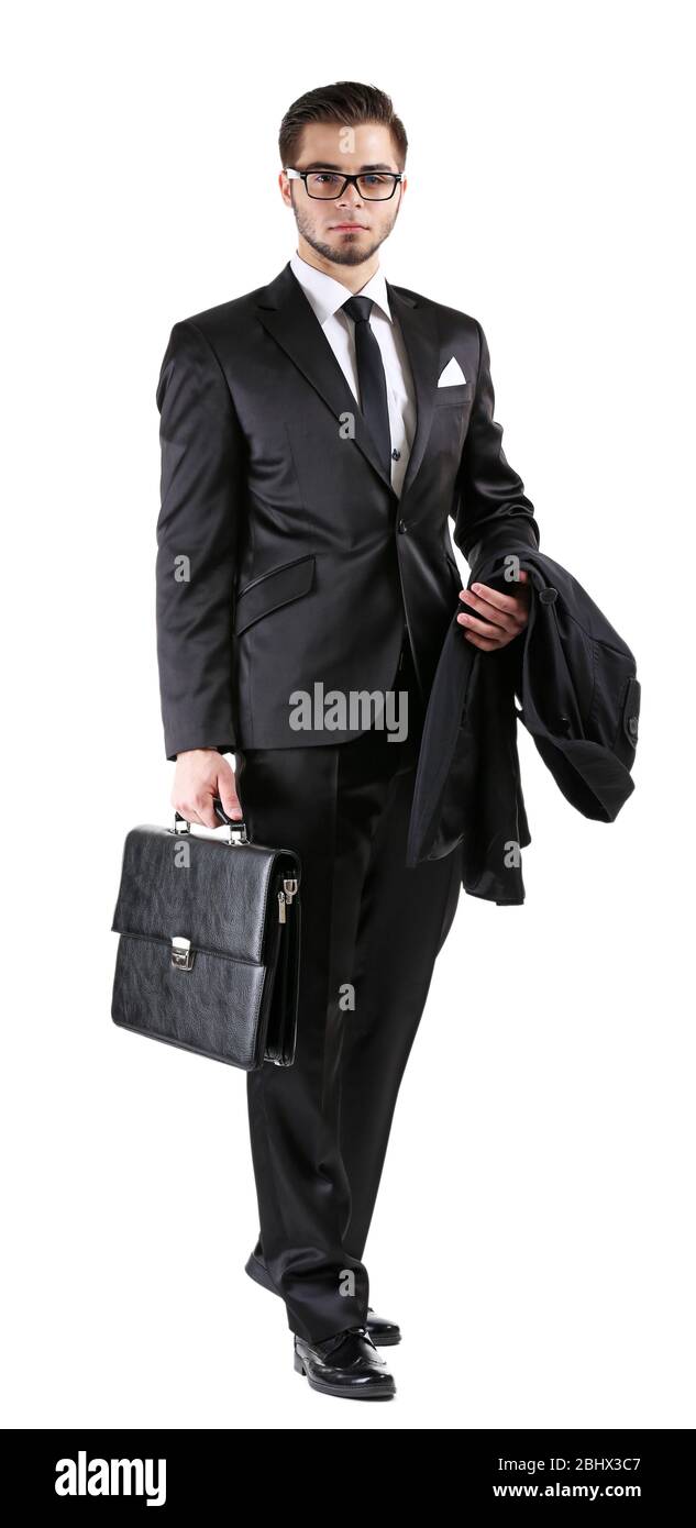 Elegant man in suit with briefcase isolated on white Stock Photo - Alamy