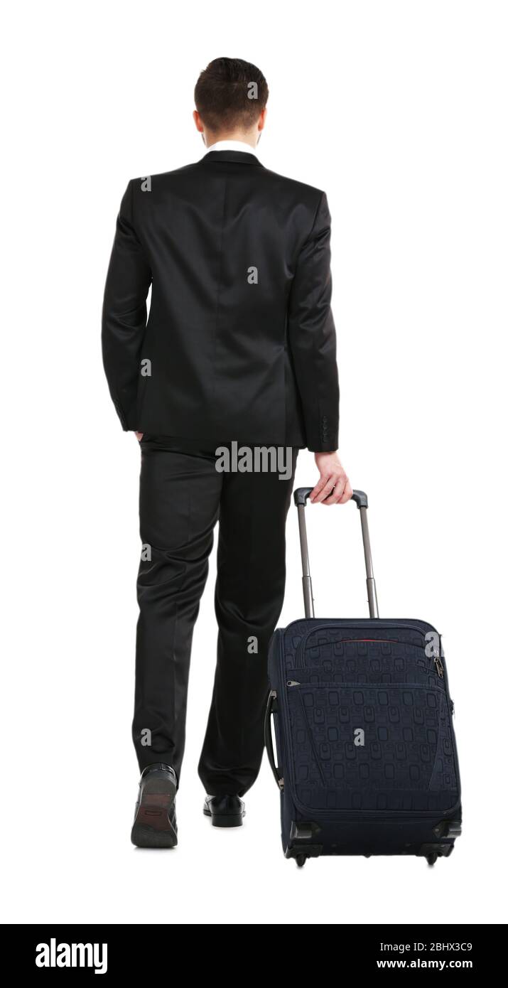 Elegant man in suit with suitcase isolated on white Stock Photo - Alamy
